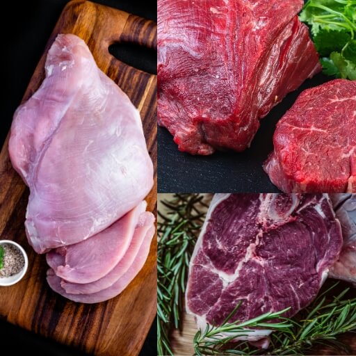 ドッグフードの主原料になる鶏肉・牛肉などの肉の写真。犬に必要な良質なタンパク質の選び方をイメージ